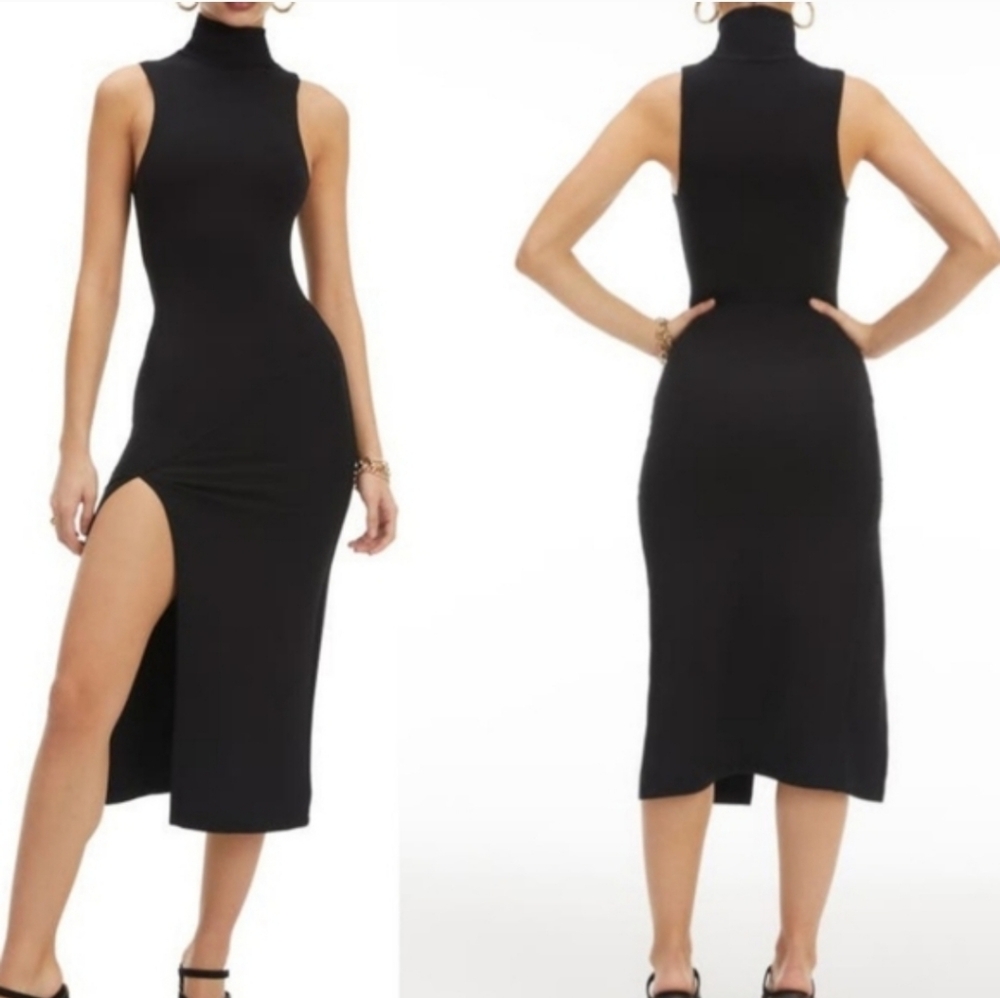 Good American Womens Ribbed Sleeveless Black Turtleneck Midi Dress. Sz 3/4 Large